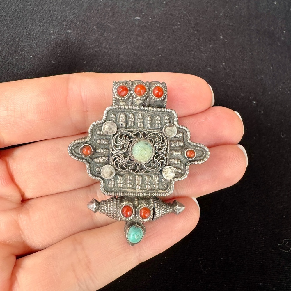 Antique Silver and Turquoise Stash Box Pendant